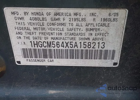 2005 Honda Accord 2.4 Lx from USA, damaged, VIN 1HGCM564X5A158213